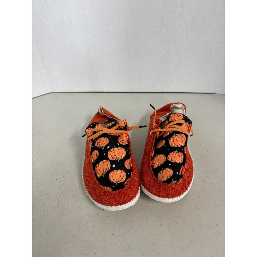 Orange Pumpkin Print Canvas Slip On Loafers Halloween Fall Shoes EUR 41‎